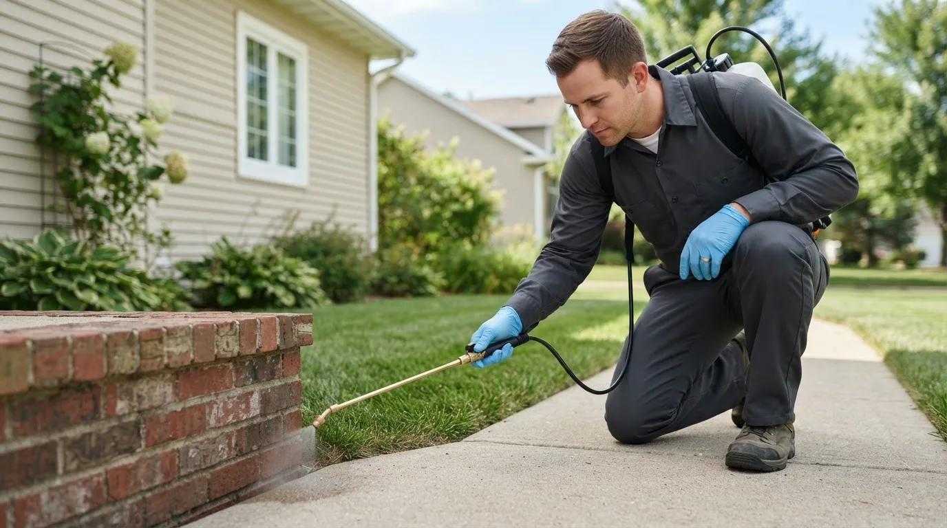 Pest control technician treating a home near Westville, IN