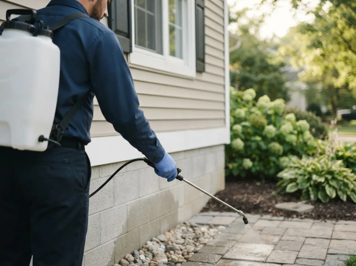 Pest control technician inspecting a home in Westville, IN